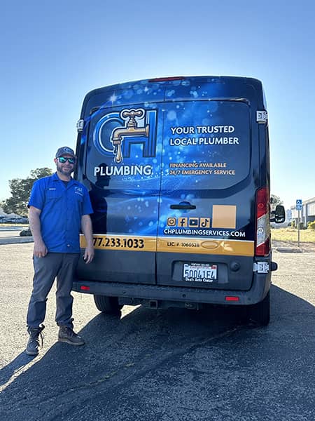CH Plumbing technician and van arriving at a customer's home